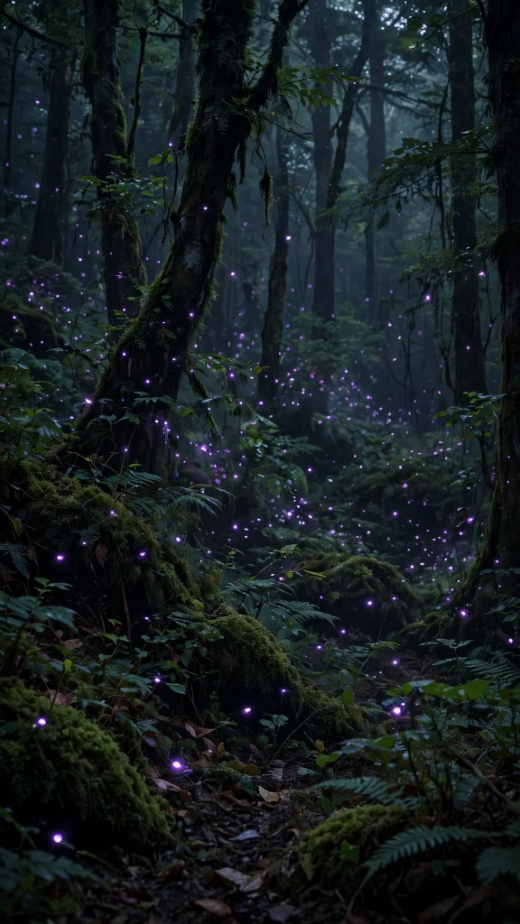 Purple fireflies in dark forest wallpaper