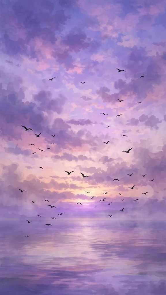 Lavender purple sunset sky with birds over the sea, wallpaper aesthetic summer