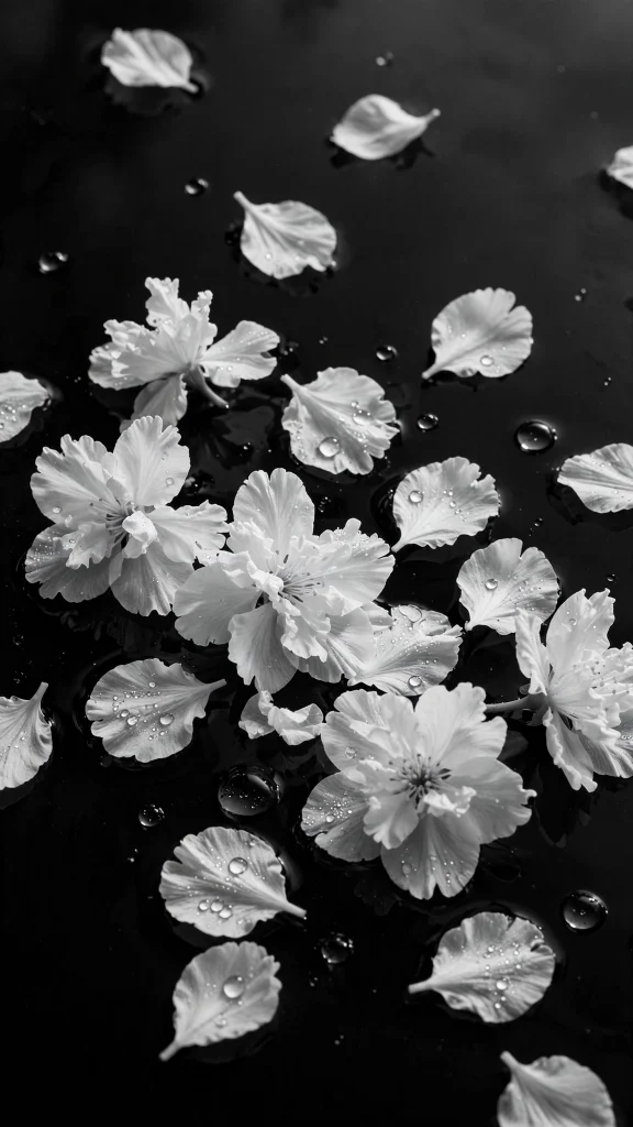 17 Wallpaper Aesthetic Black and White Ideas You'll Love 3 White petals on black surface wallpaper aesthetic black and white