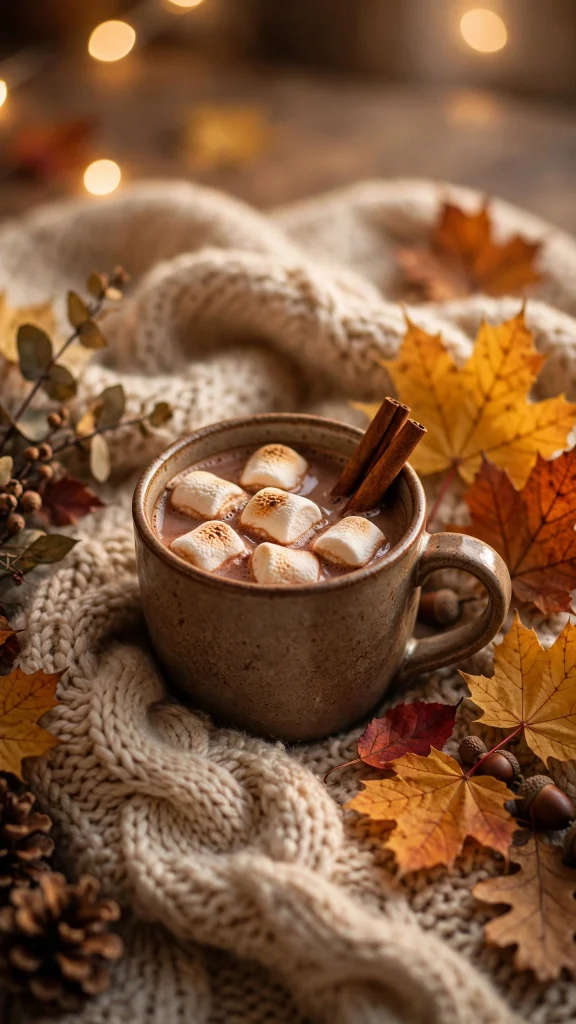 17 Cozy wallpaper iphone fall Ideas for Your iPhone 15 Hot cocoa with marshmallows, autumn leaves and cozy knit blanket