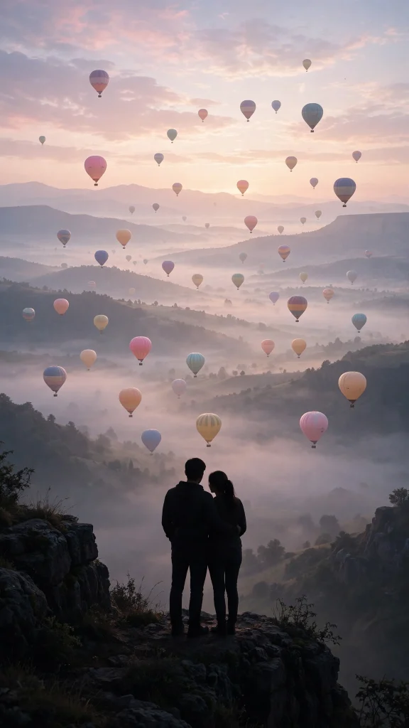 17 Best wallpaper aesthetic couple Ideas for You 15 Silhouette of a couple on a cliff edge watching hot air balloons over a misty valley at dawn