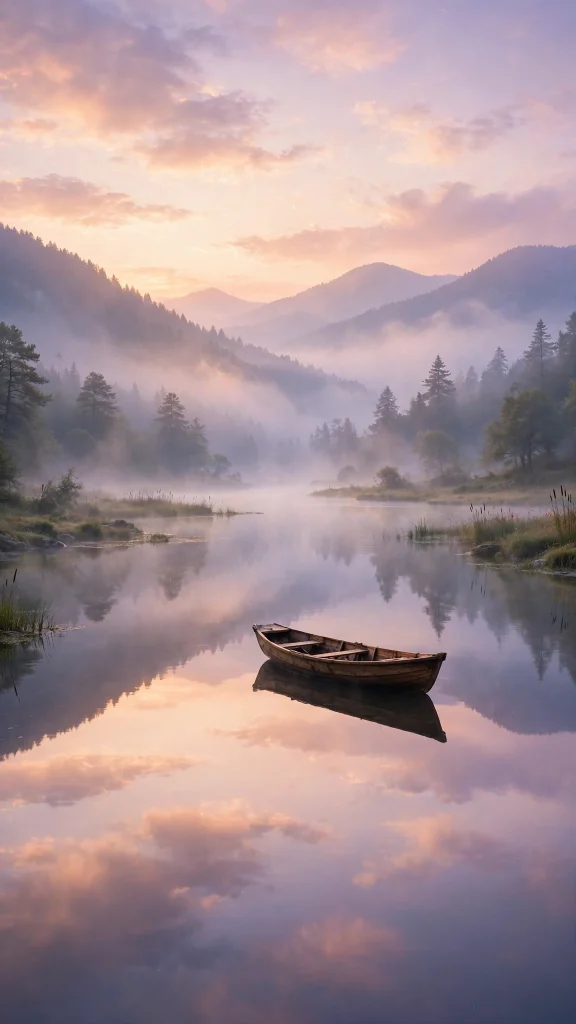17 Best wallpaper aesthetic laptop hd 1080p Wallpapers 12 Misty lake at sunrise with a lone wooden boat