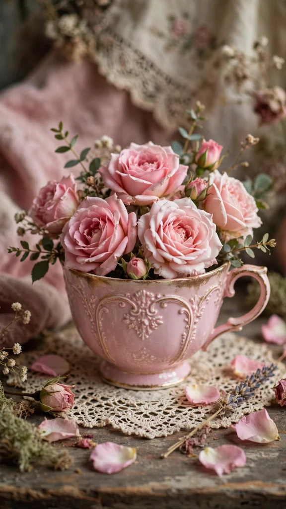 pink teacup roses vintage coquette wallpaper
