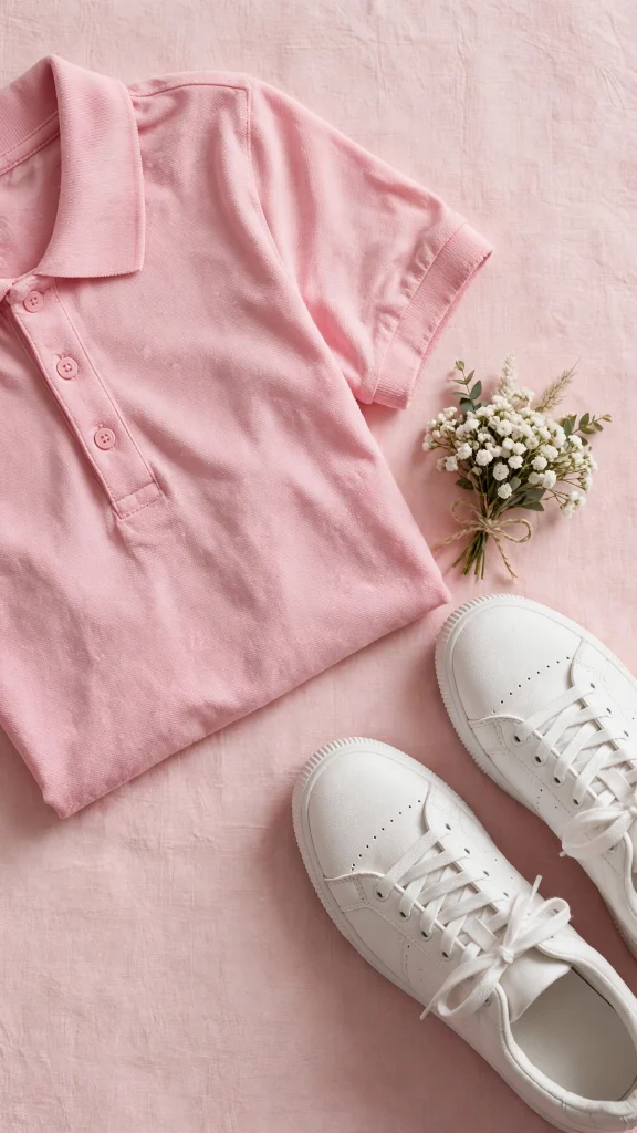 17 Best Wallpaper Pink Polos for a Cute Preppy Phone 13 Pink polo and white sneakers flat lay on a soft pink background