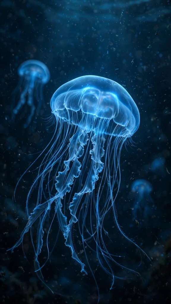 Glowing blue jellyfish floating in dark ocean wallpaper backgrounds blue