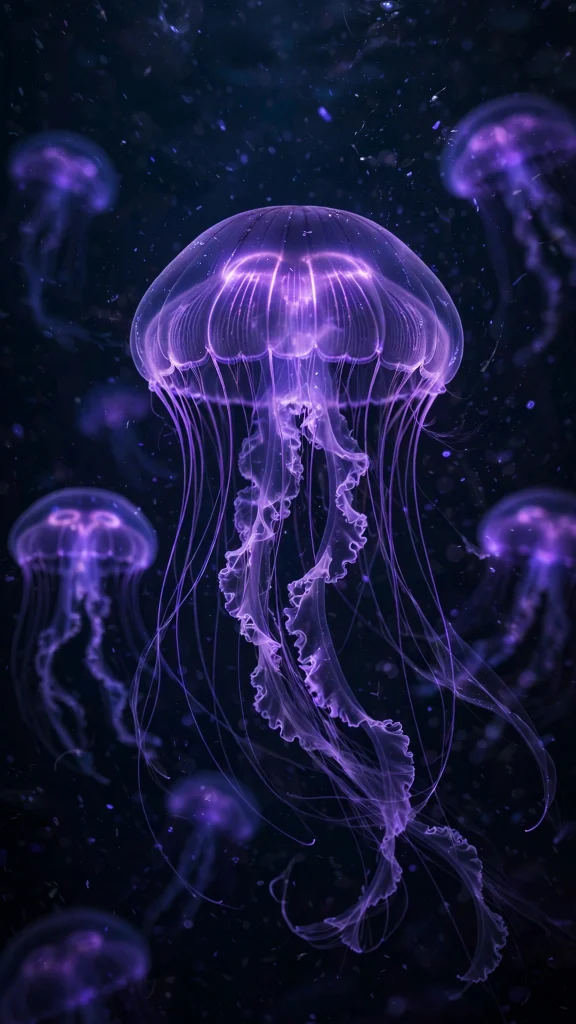 Purple jellyfish glowing in deep dark ocean