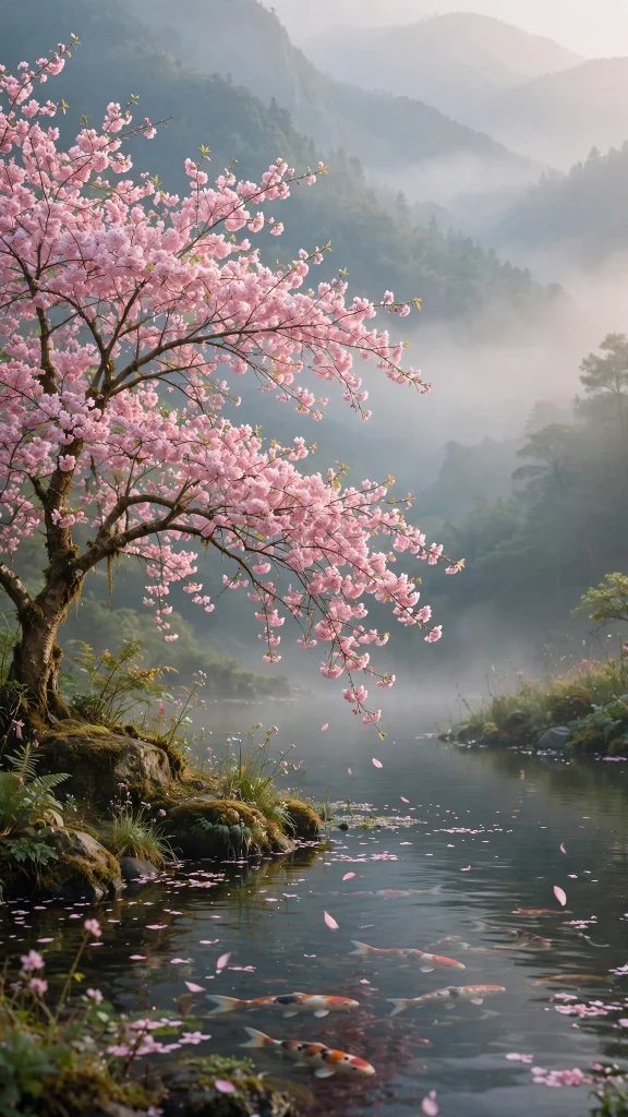 Cherry blossom tree beside a calm koi pond