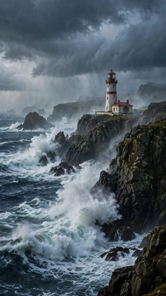 Lighthouse on rocky cliffs during a storm