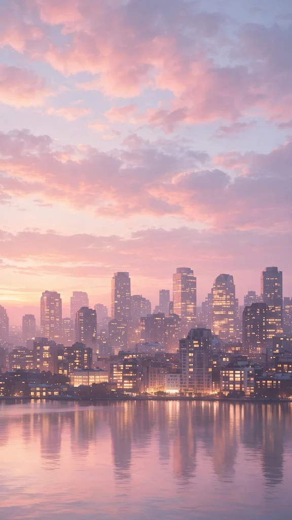 Pink city skyline at dusk with glowing windows