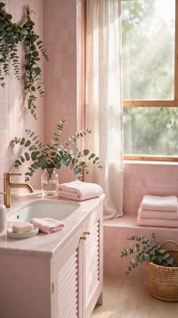 17 Dreamy wallpaper aesthetic pink pastel Ideas 9 Pastel pink bathroom aesthetic with eucalyptus sprigs