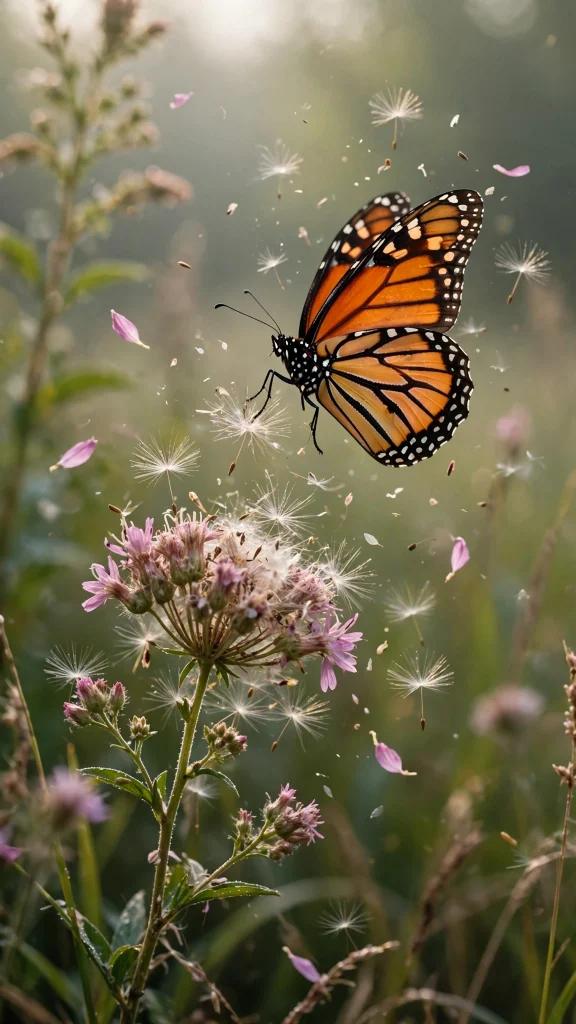 Monarch butterfly taking flight from a wildflower wallpaper