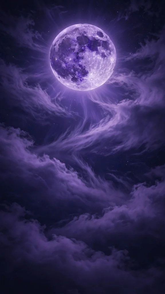 Large purple full moon behind clouds wallpaper
