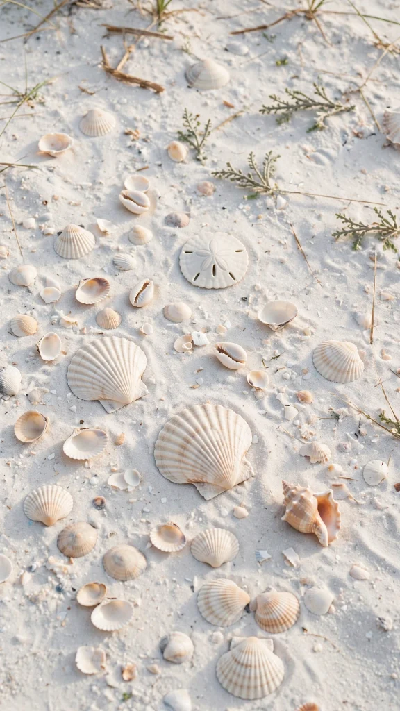 Seashells scattered on white sand, wallpaper aesthetic summer
