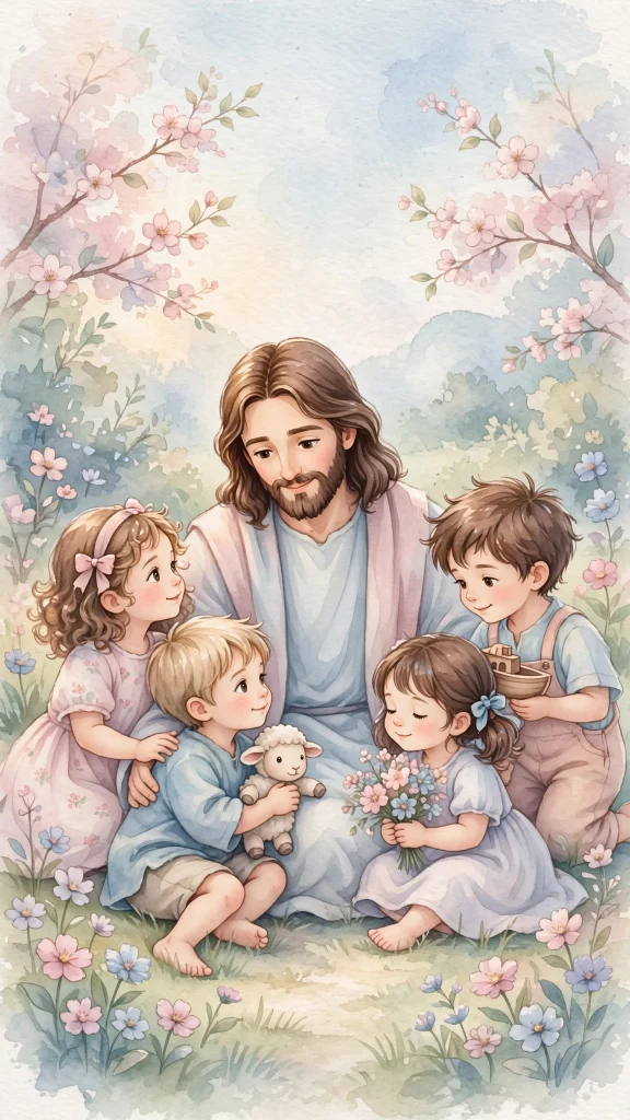 17 Beautiful wallpapers jesus for Your Phone 5 Jesus with children in a soft pastel illustration style