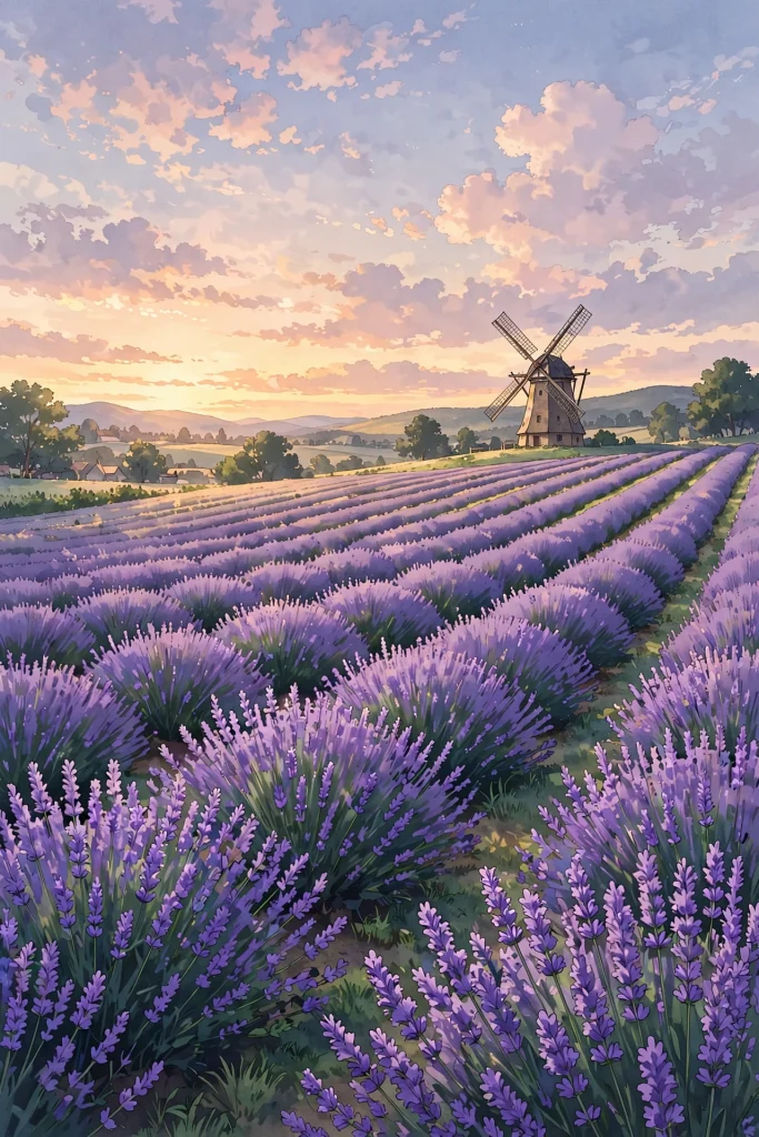 17 Beautiful Wallpaper Backgrounds Anime for Screens 14 Anime lavender field with a windmill