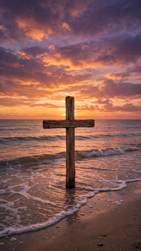 17 Wallpaper iPhone Jesus Designs to Love 13 Wooden cross on a sandy beach beside ocean waves iphone wallpaper