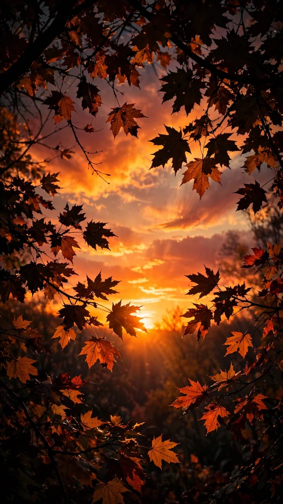 17 Cozy wallpaper iphone fall Ideas for Your iPhone 16 Autumn sunset glowing through maple leaf branches silhouetted against orange sky