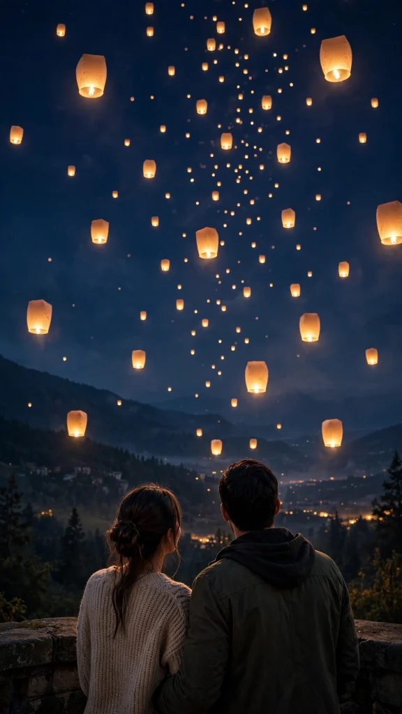 17 Best wallpaper aesthetic couple Ideas for You 9 Couple from behind watching glowing sky lanterns float into a dark indigo night
