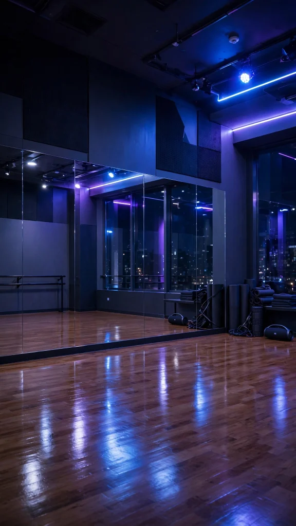 17 Best Wallpaper Iphone Kpop Ideas for Fans 16 Empty dance practice room at night with mirror wall and blue-purple light