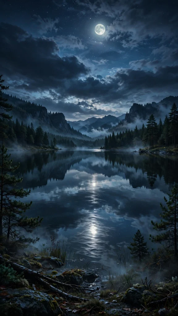 Moonlit dark lake with perfect reflection