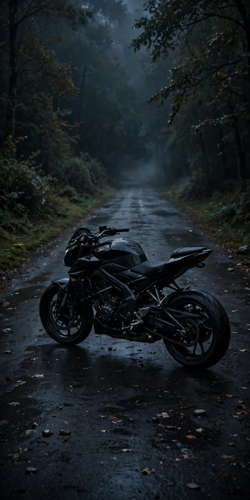 Black motorcycle on dark road phone wallpaper