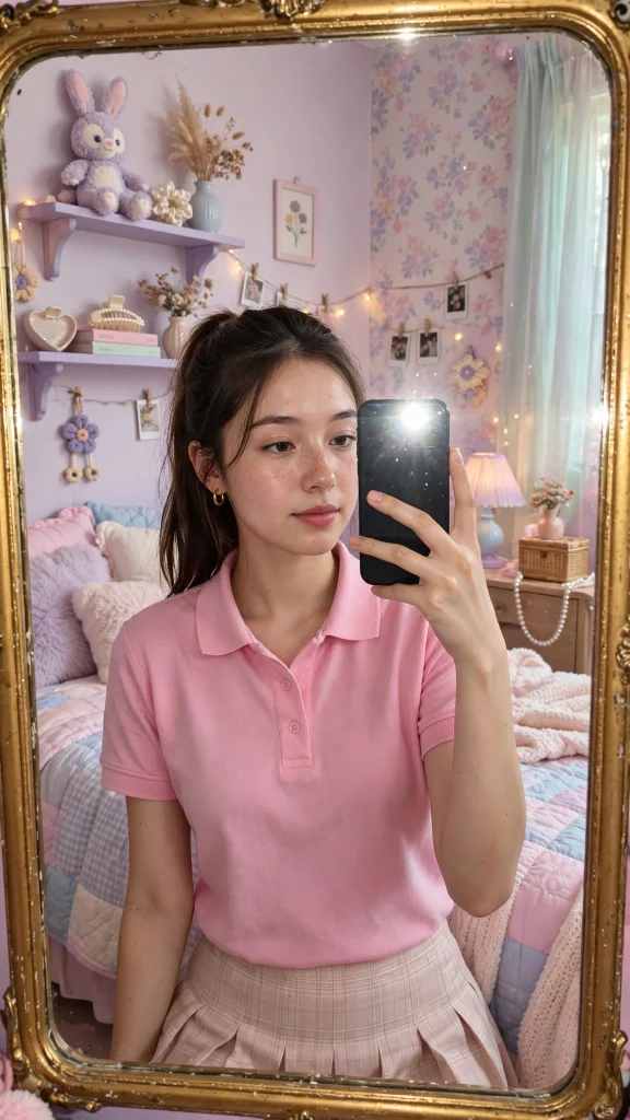 17 Best Wallpaper Pink Polos for a Cute Preppy Phone 9 Mirror selfie aesthetic in a pink polo outfit in a pastel bedroom
