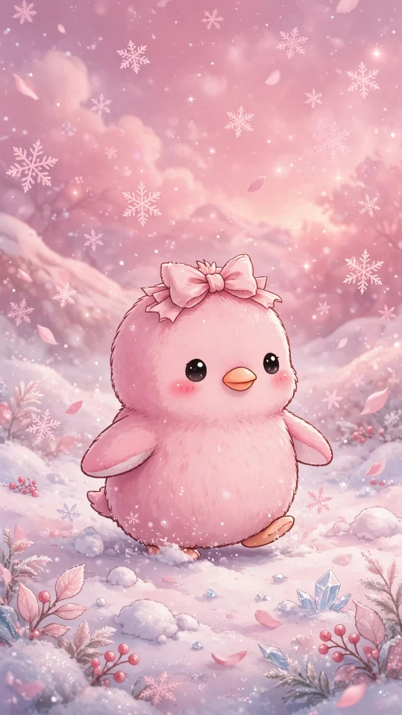 17 Cute Wallpaper Pink Lucu Ideas for Your Phone 14 Round pink penguin chick with a bow on pastel snow
