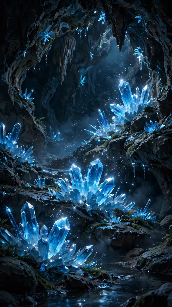 Glowing blue crystals sparkling in a dark cave wallpaper backgrounds blue