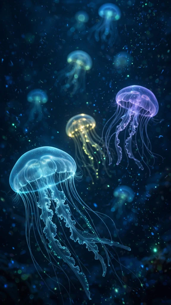 Deep ocean scene with glowing jellyfish