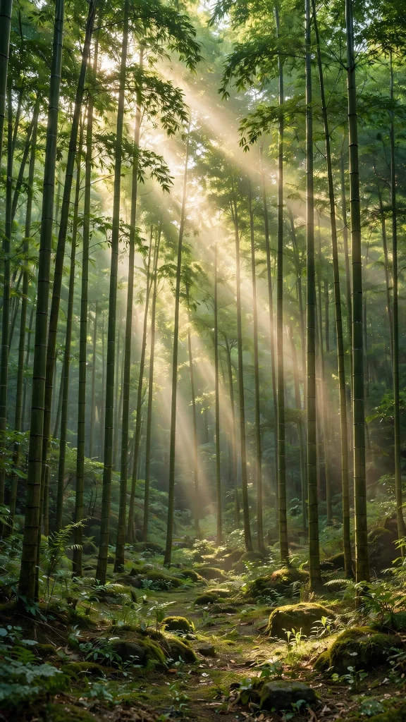 Tall bamboo forest with light rays streaming through