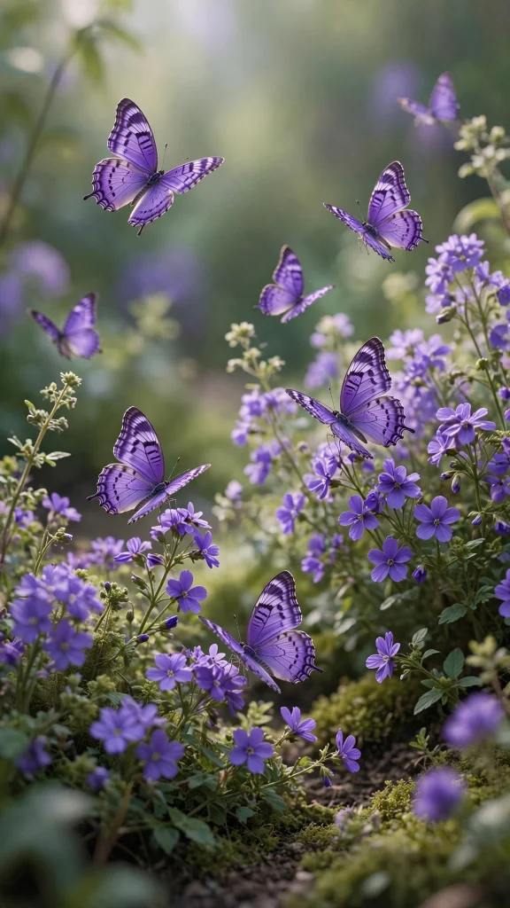 Purple butterflies among violet flowers wallpaper