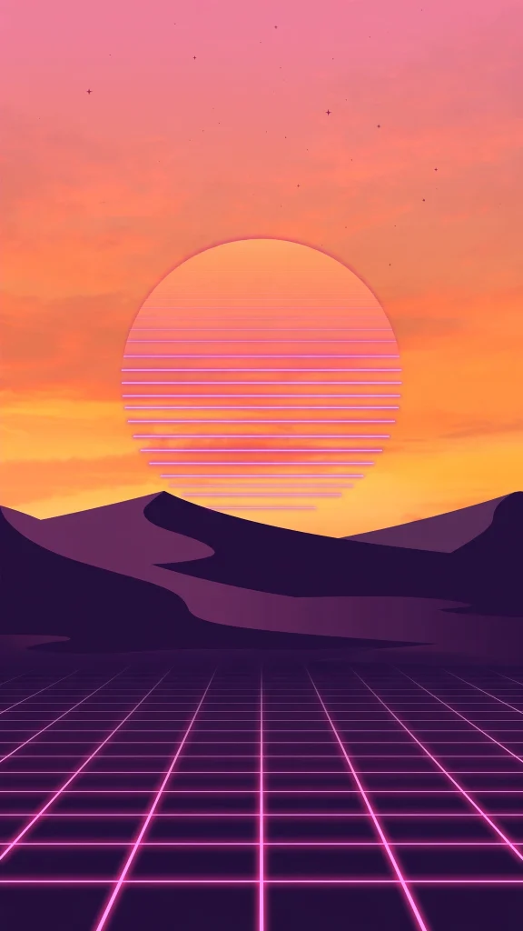 Retro sunset circle over desert dunes, wallpaper aesthetic summer