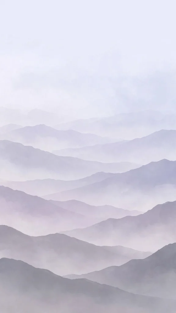 wallpaper aesthetic lock screen with foggy lavender mountain layers