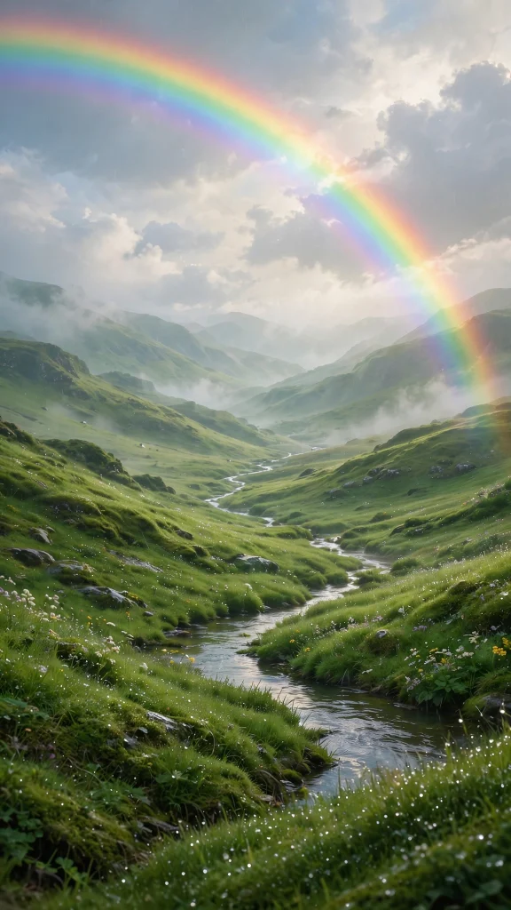 rainbow arching over a green valley after rain