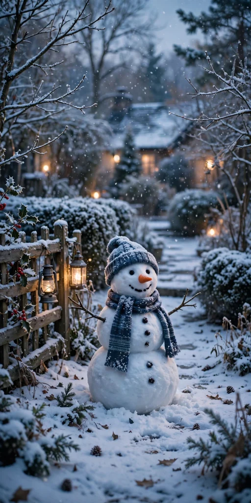 17 Wallpaper iPhone Winter Ideas for Cold Season 16 Snowman in a snowy garden at dusk