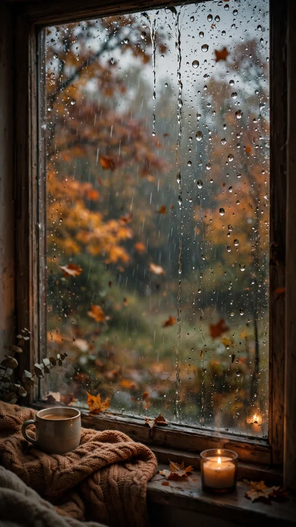 17 Cozy wallpaper iphone fall Ideas for Your iPhone 17 Rainy window with coffee cup and candle, autumn leaves blurred outside