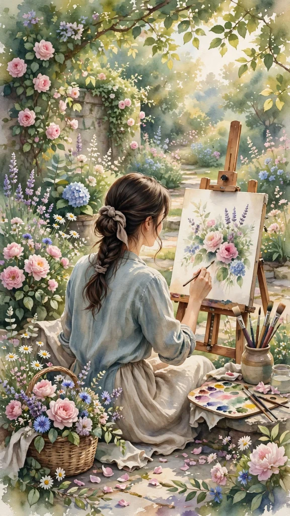 17 Best wallpaper iphone girl for Your Phone 10 Girl from behind painting at an easel in a sunlit garden, watercolor art style