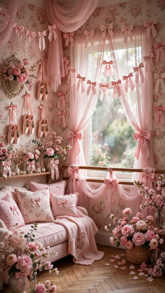 pink balletcore room bows flowers coquette wallpaper