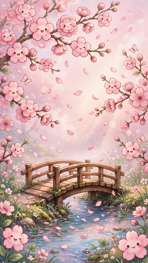 17 Cute Wallpaper Pink Lucu Ideas for Your Phone 17 Pink cherry blossoms with smiling faces by a wooden bridge