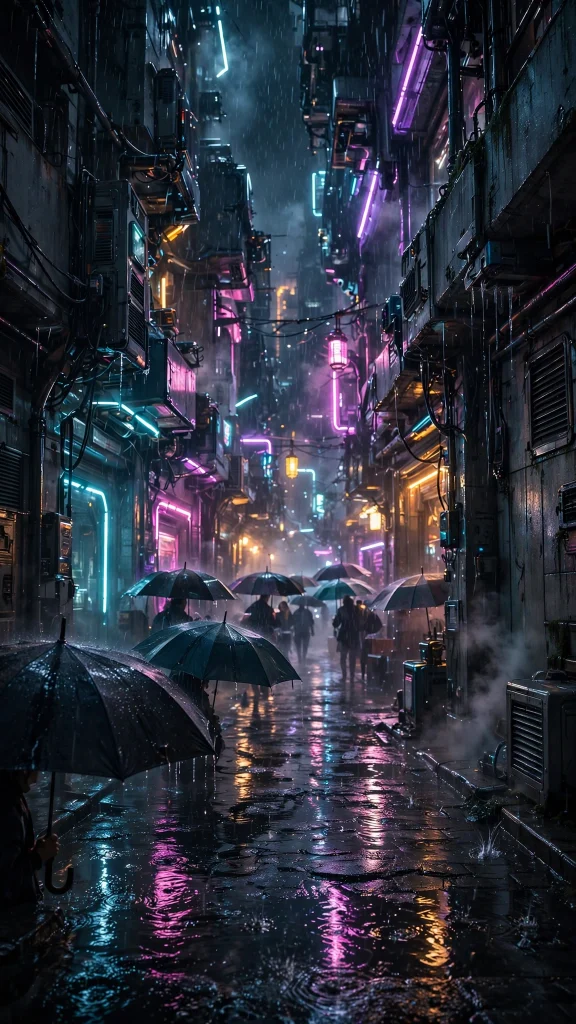 Cyberpunk street in the rain with neon lights
