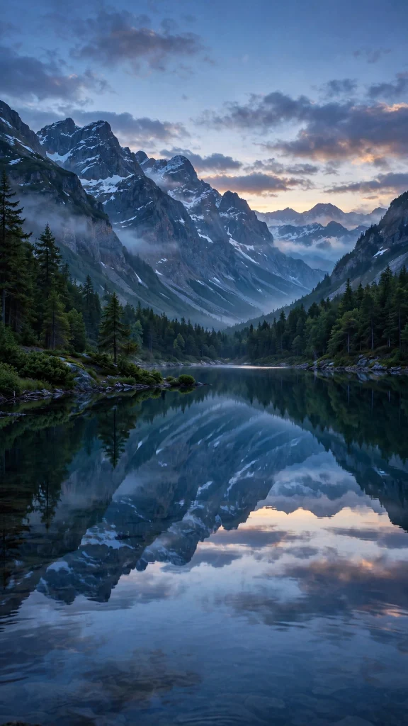 Calm blue lake at dusk with mountain reflection wallpaper backgrounds blue