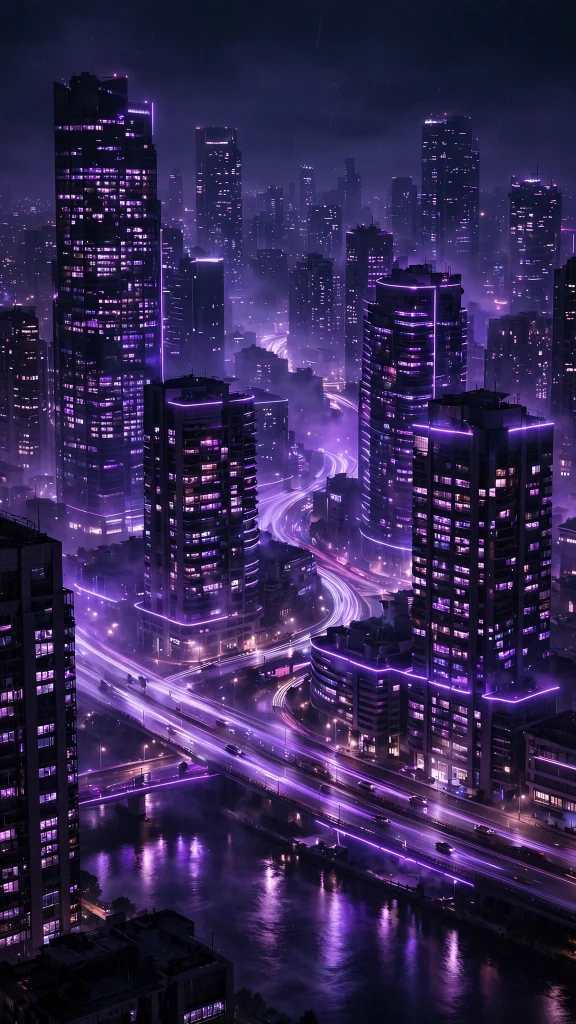 Purple city lights skyline glowing at night