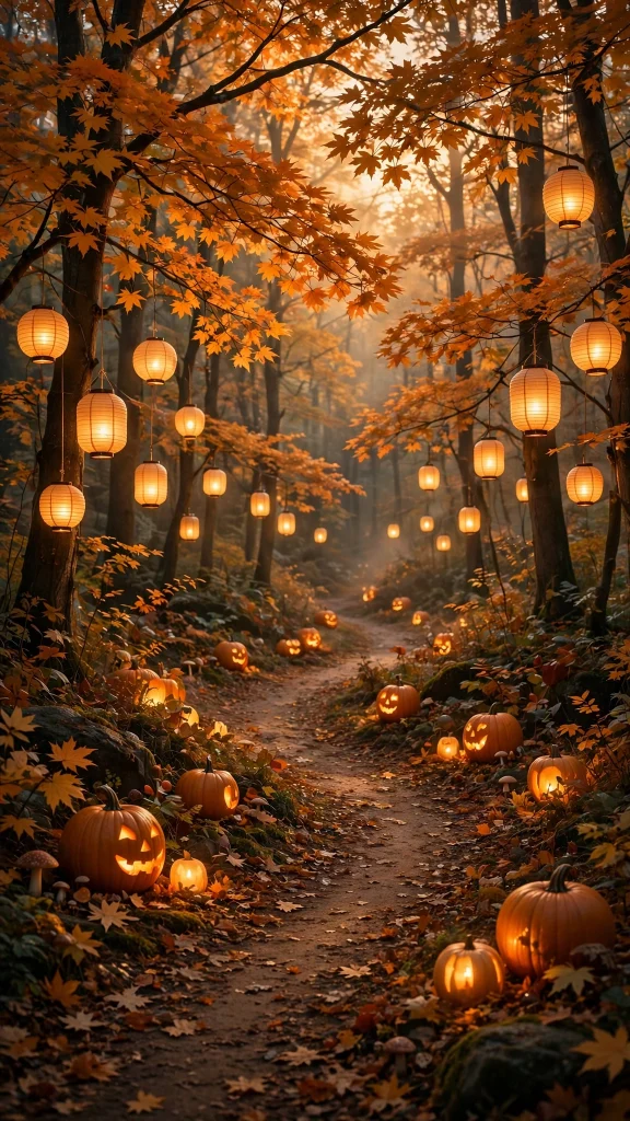 Autumn forest path with pumpkins and glowing lanterns
