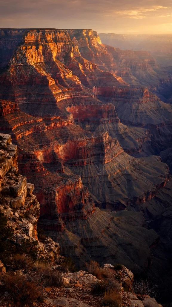 Grand canyon rock formations at golden hour