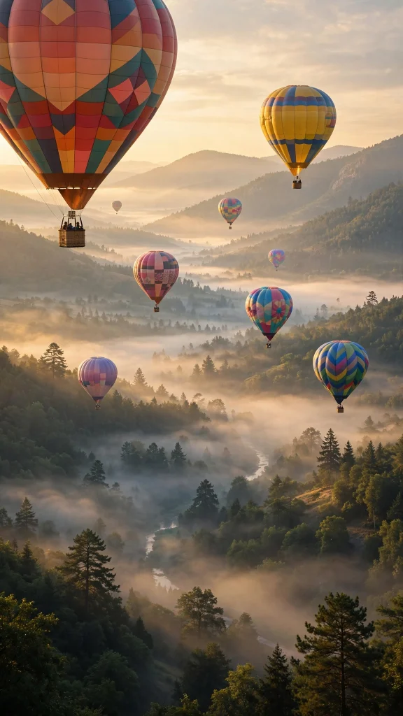 Hot air balloons drifting over a misty valley wallpaper