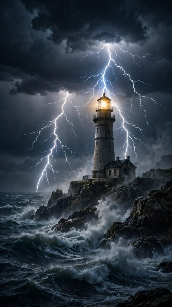 Storm lightning striking lighthouse wallpaper