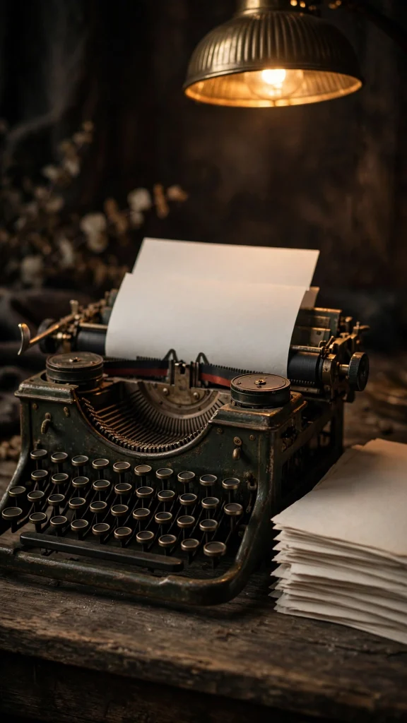 vintage typewriter wallpaper iphone tumblr with papers in dim warm light