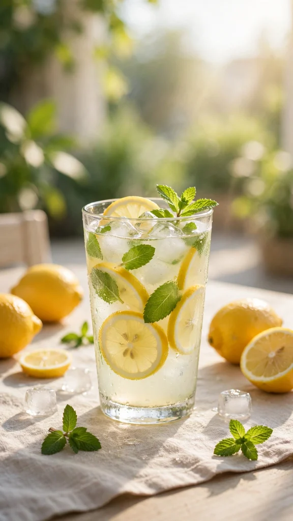 Glass of fresh lemonade with mint and ice, wallpaper aesthetic summer