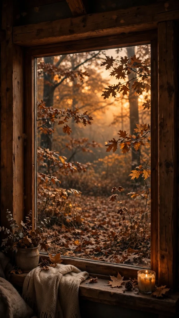 17 Cozy Wallpaper iPhone Brown Designs You'll Love 9 Cozy cabin window with autumn brown foliage wallpaper iphone brown
