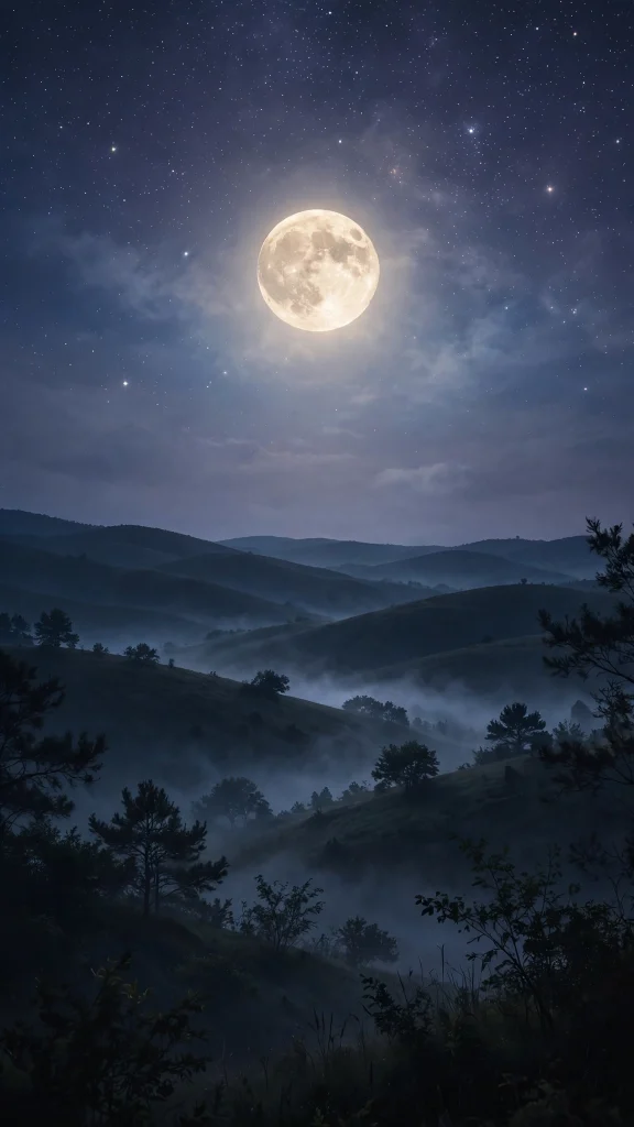 night landscape with full moon over hills